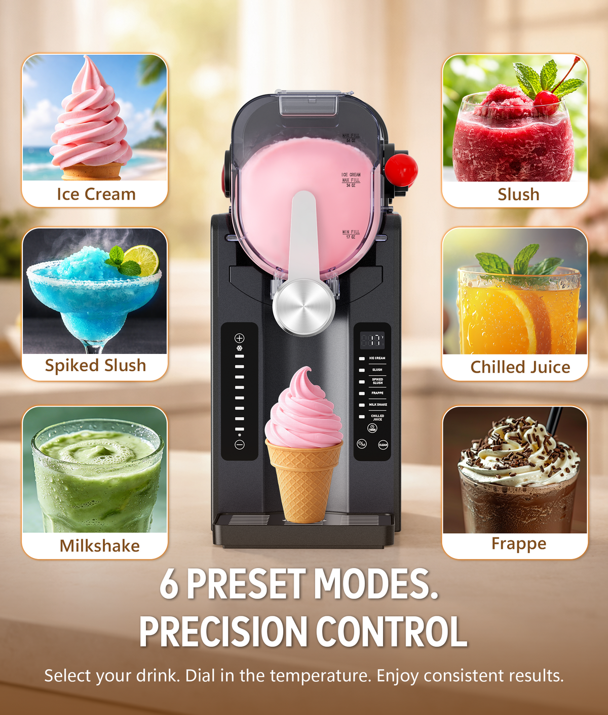 BKPPM Slushie Machine: No Ice Needed Slushy Machine for Home, 6 Preset, Real-Time Temp Display, Auto-Clean | Frozen Margaritas, Cocktails, Frappés, Ice Cream, Smoothies, Milkshakes,Summer Parties